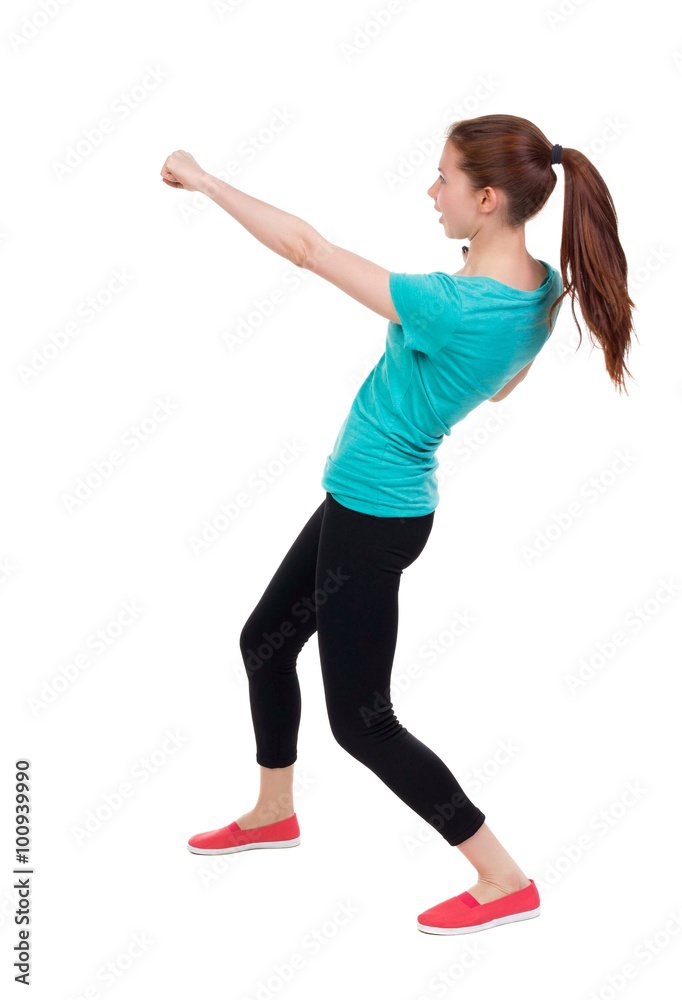 skinny woman funny fights waving his arms and legs.