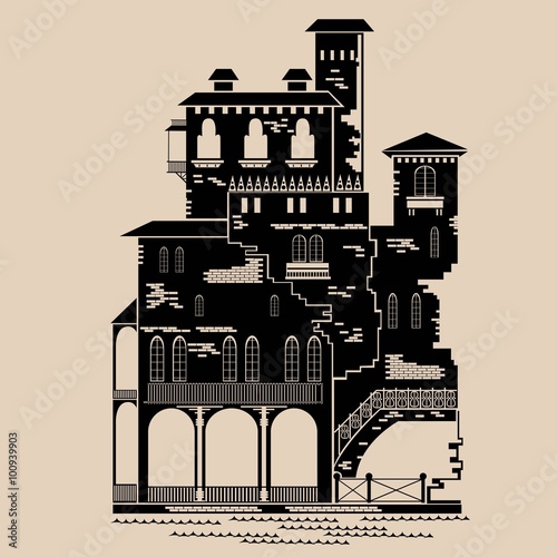silhouette of vinice building engraving style