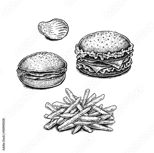 Black and white hand drawn fried potatoes, chips and sandwiches.