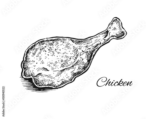 Black and white hand drawn fried chicken leg.