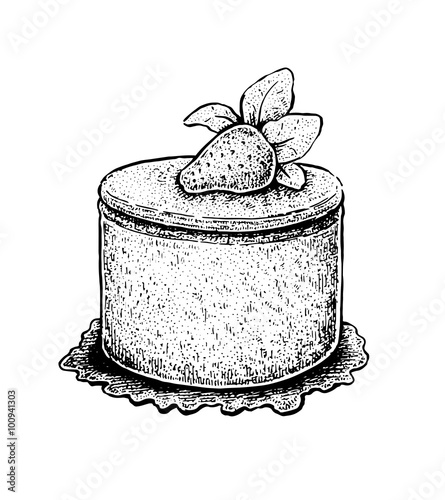 Black and white hand drawn vector illustration of a fruit cake w