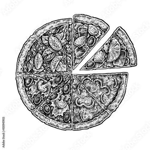 Black and white vintage sketchy style illustration of a pizza.