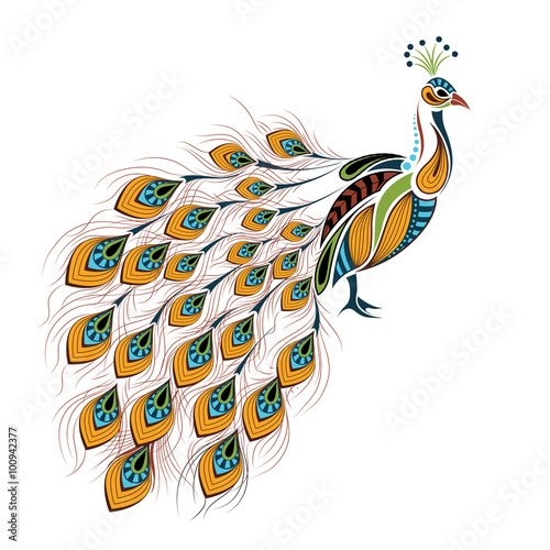 Patterned colored peacock. African / indian / totem / tattoo design. It may be used for design of a t-shirt, bag, postcard and poster.