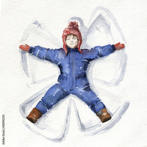 Little girl making a snow angel. Watercolor illustration.