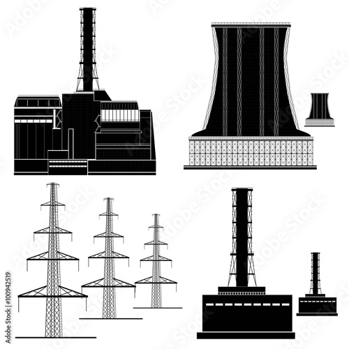 set of nuclear electric plant station silhouettes