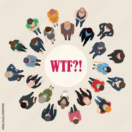 large group of people standing around a question mark