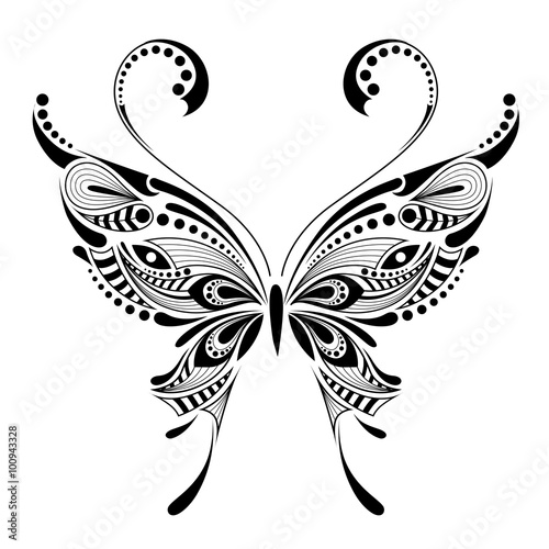 Patterned colored butterfly. African / indian / totem / tattoo design. It may be used for design of a t-shirt, bag, postcard and poster.