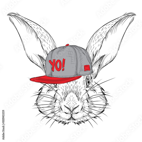 The poster with the image rabbit portrait in hip-hop hat. Vector illustration.