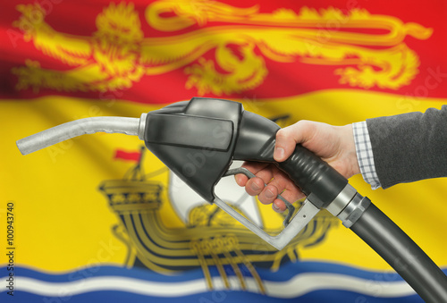 Fuel pump nozzle in hand with Canadian provinces flags on background - New Brunswick