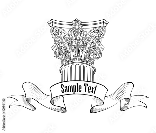 Classic style column label. Arhitectural sign iosolated. Column logo design template. Hand drawn sketch image of column capitals classical Greek or Roman style.