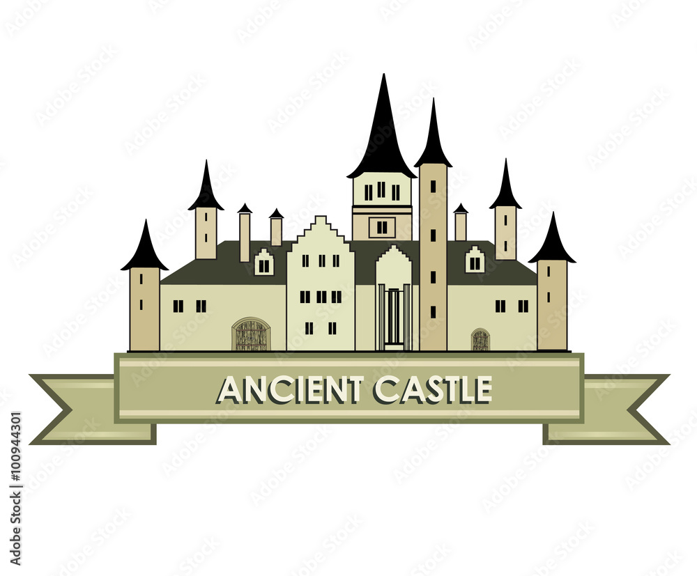 Travel castle logo. Retro vector label. Architectural fantasy 