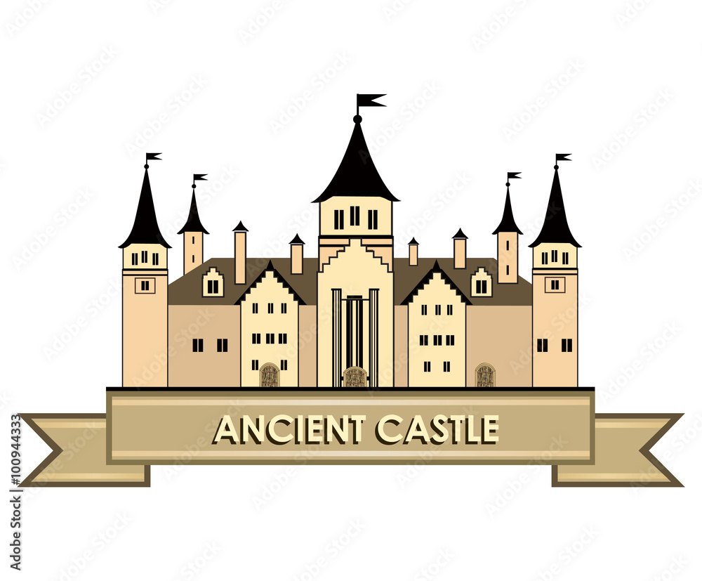 Travel castle logo. Retro vector label. Architectural fantasy 