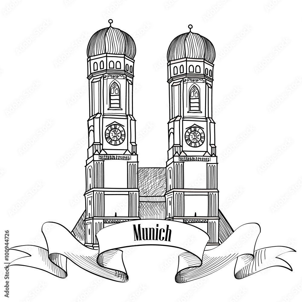 Obraz premium Munich city label. Munich Cathedral, Liebfrauenkirche in Munich/