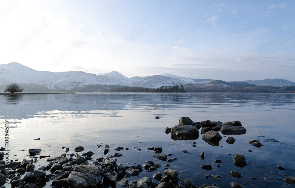 The Lake District, Keswick, England, 01/17/2016, Winter lakeside view with derwent water and snowy mountain background