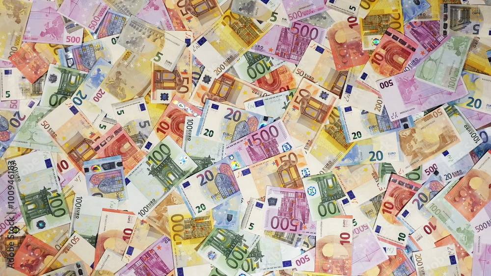 Camera tilts down over Euro Notes, Money Background