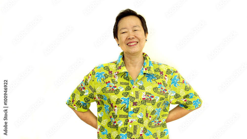 Happy Asian senior woman smile on green hawaii shirt white isola Happy Asian senior woman smile on green hawaii shirt white isola