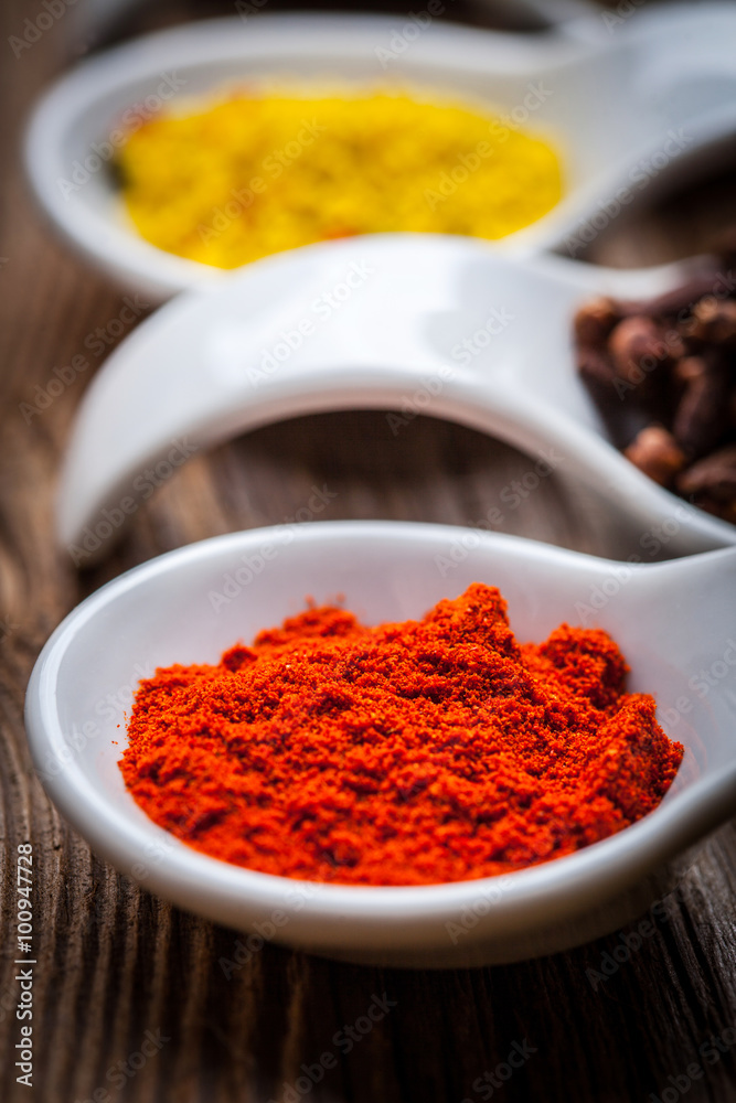 Dry spices in spoon. Dry spices in spoon.