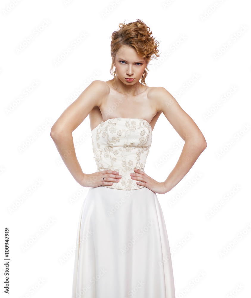 Happy beautiful young bride portrait in white background Happy beautiful young bride portrait in white background