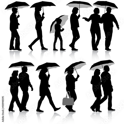 Black silhouettes man and woman under umbrella. Vector illustrat