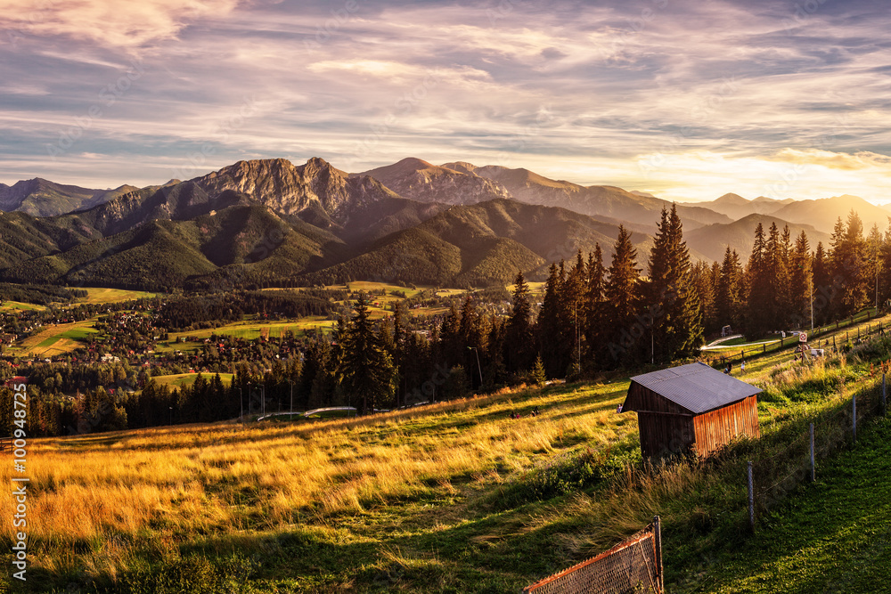 Fototapeta premium Gubalowka - view on panorama of Tatras at sunset, Poland.