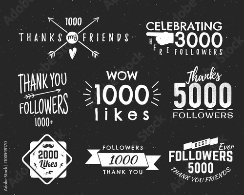 Set of vintage Thank you badges. Social media Followers labels and likes stickers. Handwriting lettering with hipster elements - ribbons, arrow, sunbursts, beard. Vector design on retro background