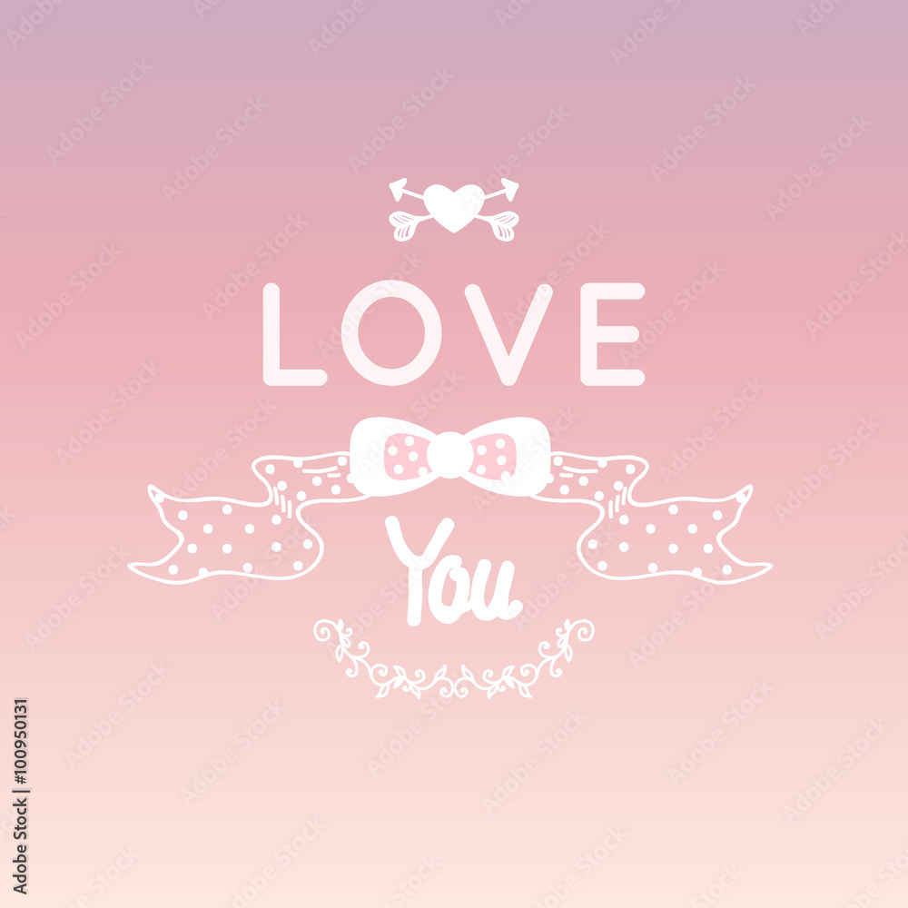 love you  hand-drawn letter and ribbon isolated on pink gradient background. Valentine's day greeting card, vector