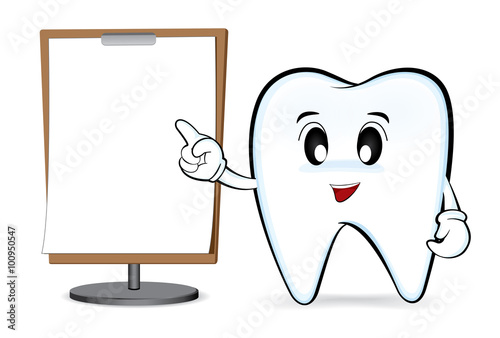 Cartoon characters tooth with blank note pad, vector 10