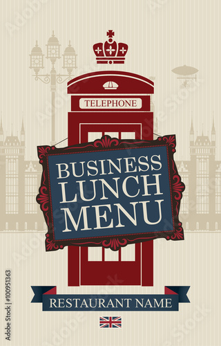 Vector menu for business lunches with phone booth and building of the British Parliament Committees