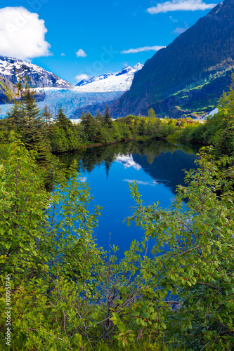 Alaska blue lake with reflections and trees. Location: Mendenhall Glacier at Juneau