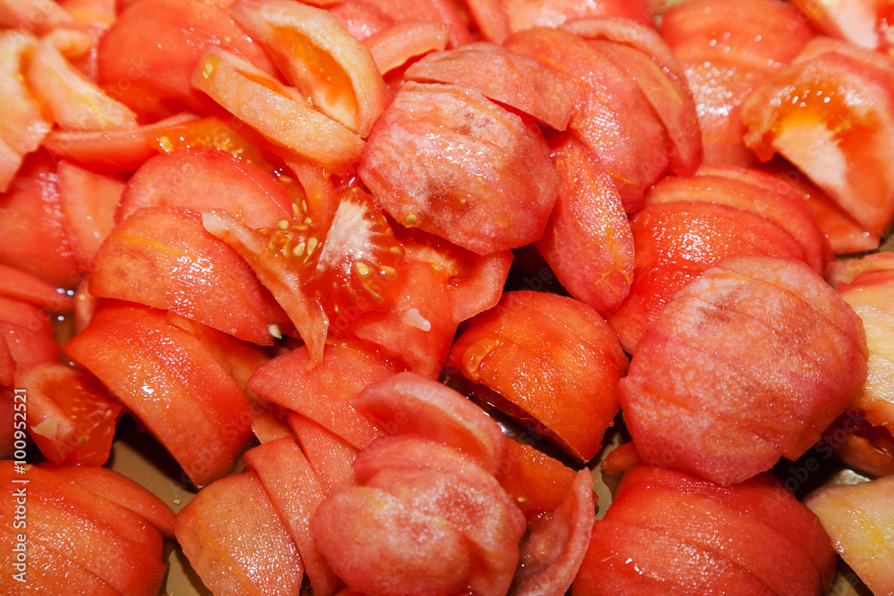 peeled and sliced fresh tomatoes with selective focus peeled and sliced fresh tomatoes with selective focus
