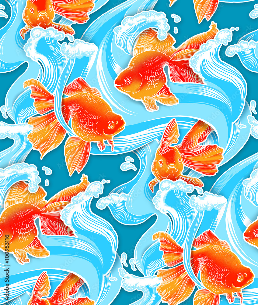 Naklejka premium Goldfish illustration artwork line underwater pattern seamless texture