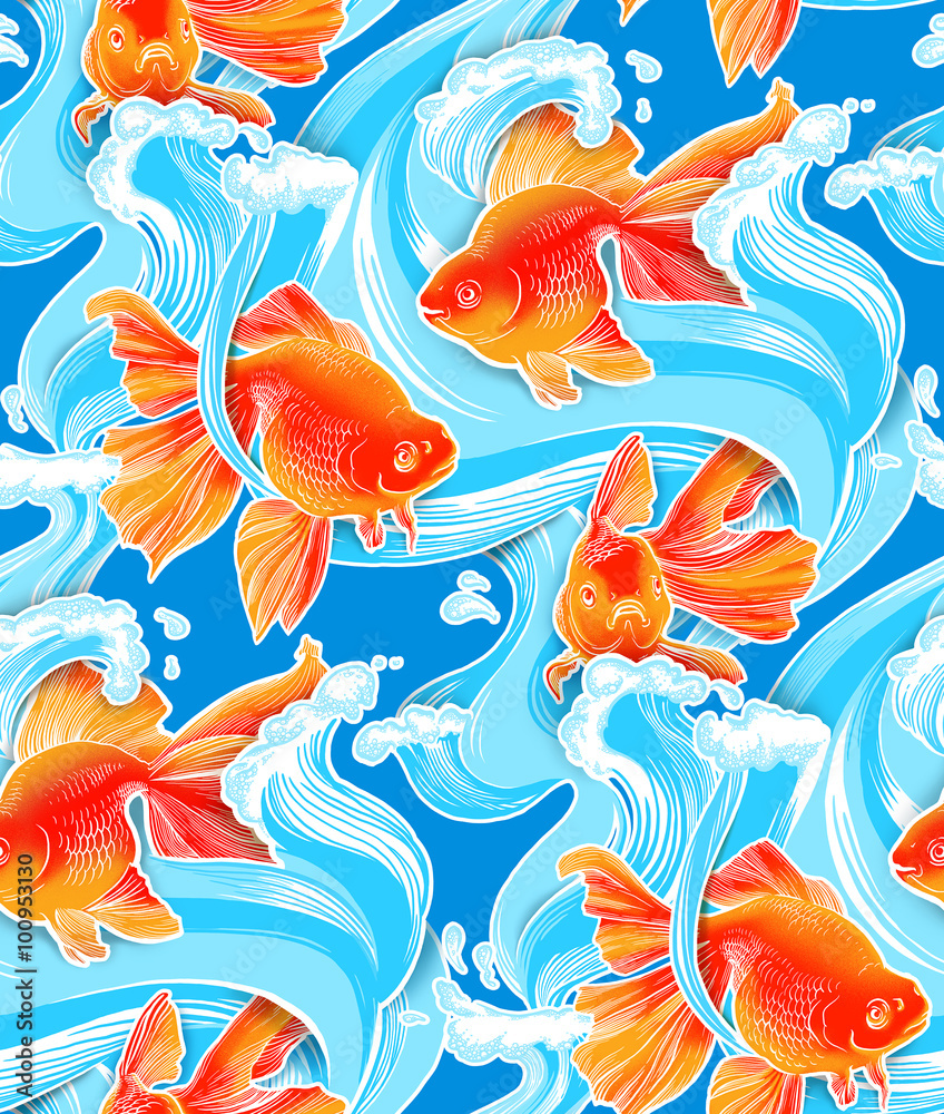 Naklejka premium Goldfish illustration artwork line underwater pattern seamless texture