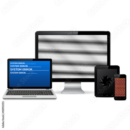 Vector set of faulty digital devices isolated on white background