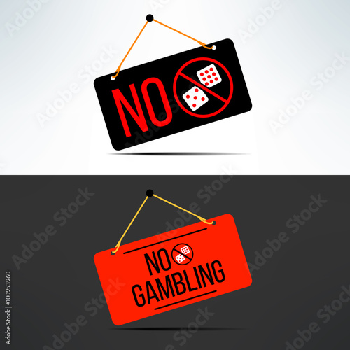 Vector no gambling dangling board with dice. Gaming forbidden sign
