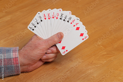 ACOL Contract Bridge Hand. With a hand of 23+ points (any shape) or 10 playing tricks open the bidding with two clubs. photo