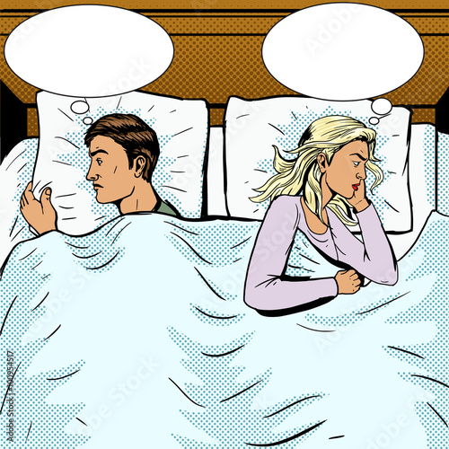 Young couple in bed offended pop art style vector