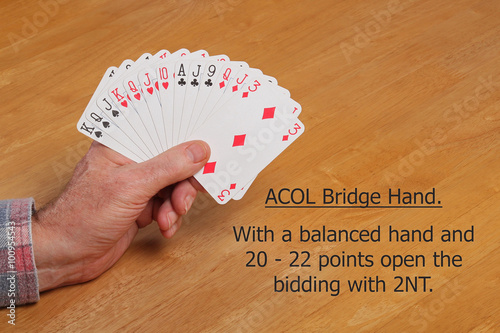 ACOL Contract Bridge Hand. With 20 - 22 points and a balanced hand open the bidding 2NT. photo