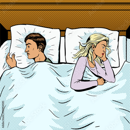 Young couple in bed offended pop art style vector