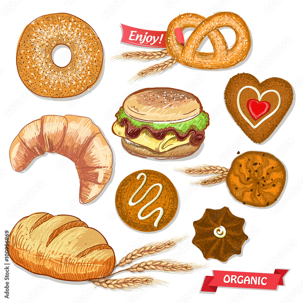 Assorted pastry set illustration with cookies, bread, bagel, croissant, pretzel and burger. Assorted pastry set illustration with cookies, bread, bagel, croissant, pretzel and burger.