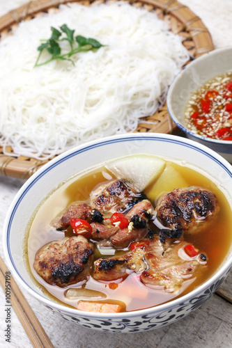 bun cha, grilled pork rice noodles and herbs, vietnamese cuisine