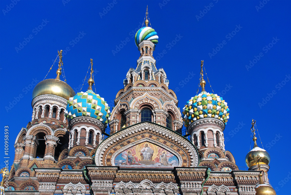 Tops of the Orthodox Temple of the Resurrection (Savior-on-Spilled-Blood) in Saint Petersburg.