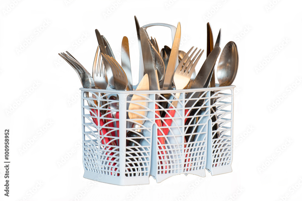 dishwasher basket, with knives, forks and spoons to be washed dishwasher basket, with knives, forks and spoons to be washed