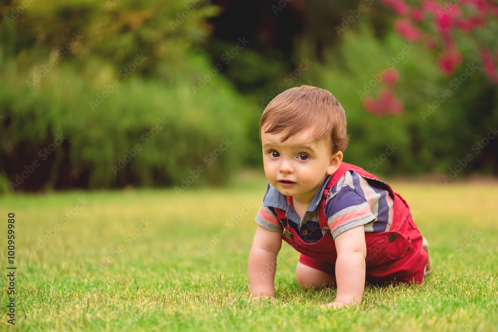 Cute little boy crawling at the garden Cute little boy crawling at the garden