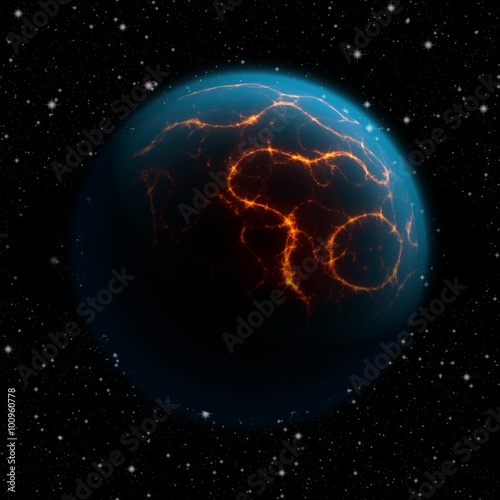Fototapeta Naklejka Na Ścianę i Meble -  Abstract planet with blue atmosphere and huge cracks with lava flowing to the surface