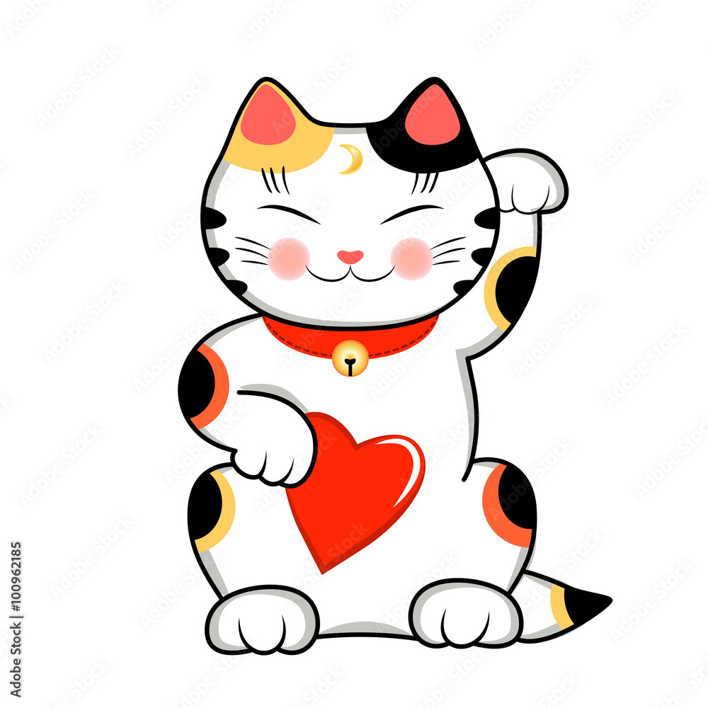 Maneki Neko Cat with a red heart, siwhing love and happiness. Vector  illustration of a cute traditional east asian cat. Stock Vector