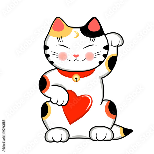 Maneki Neko Cat with a red heart, siwhing love and happiness. Vector illustration of a cute traditional east asian cat.