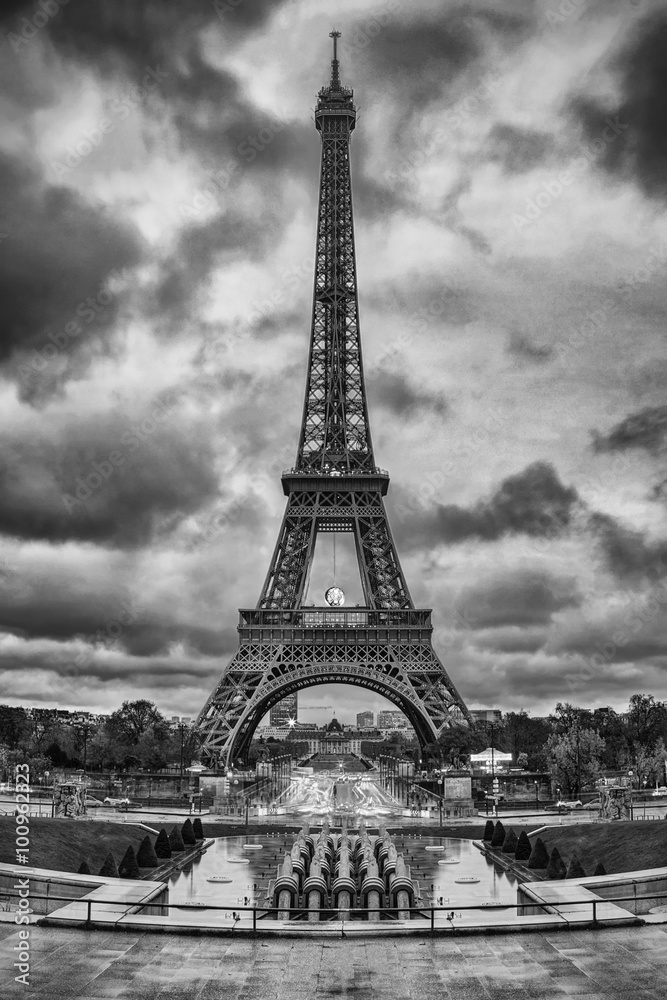 Eiffel Tower (Tour Eiffel) in Paris, France. Black and white photo...