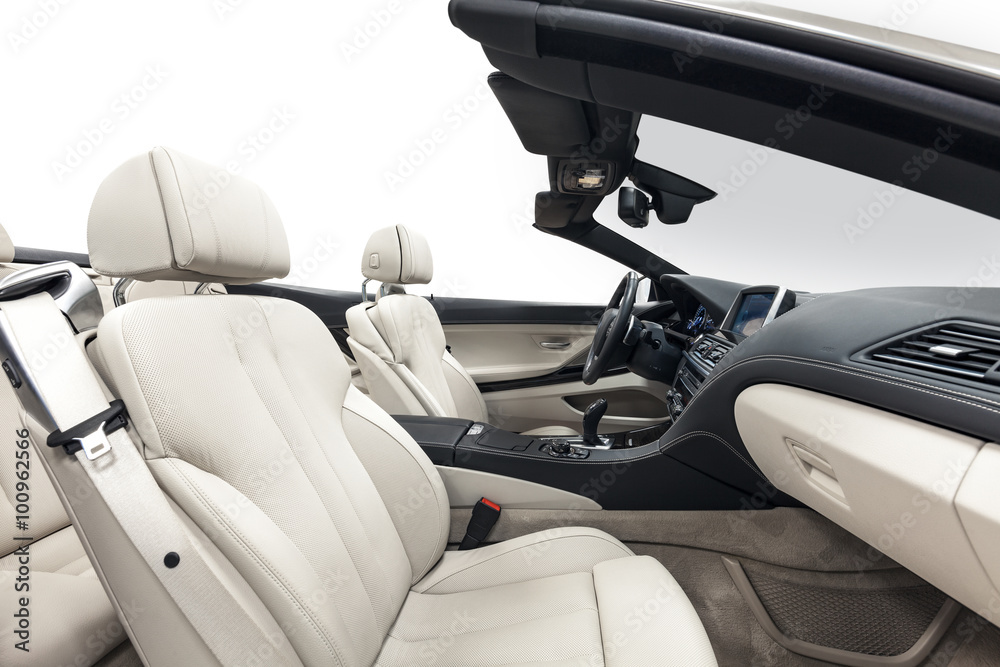Car cabriolet interior white seats black dashboard Car cabriolet interior white seats black dashboard