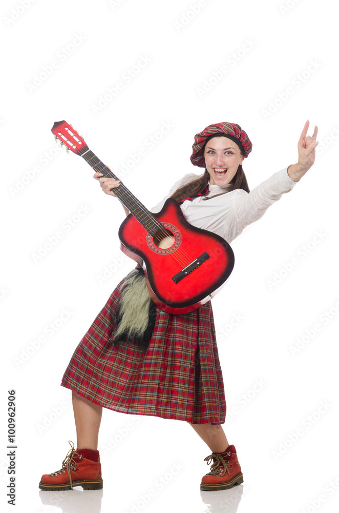 Woman in scottish clothing with guitar Woman in scottish clothing with guitar