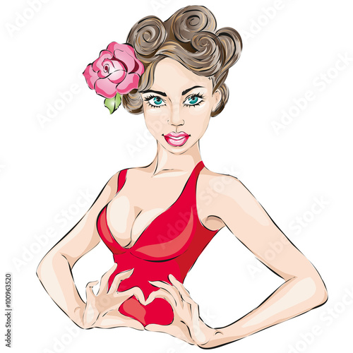Valentines Day Pin-up sexy woman portrait with hands heart gesture.